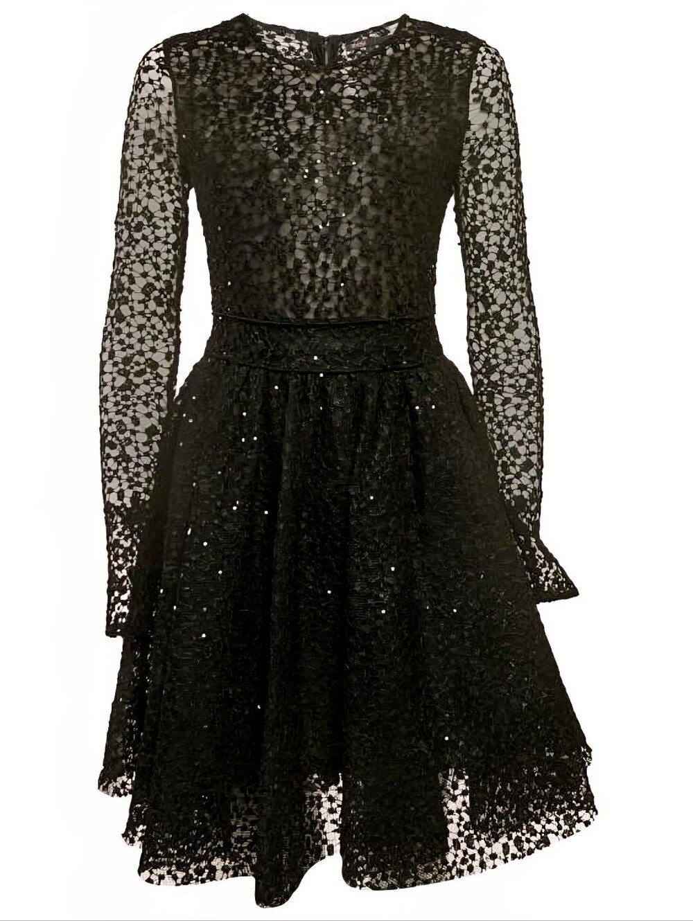 Maje Black Lace Sequin Fit & Flare Dress – Long Sleeve Size 2
